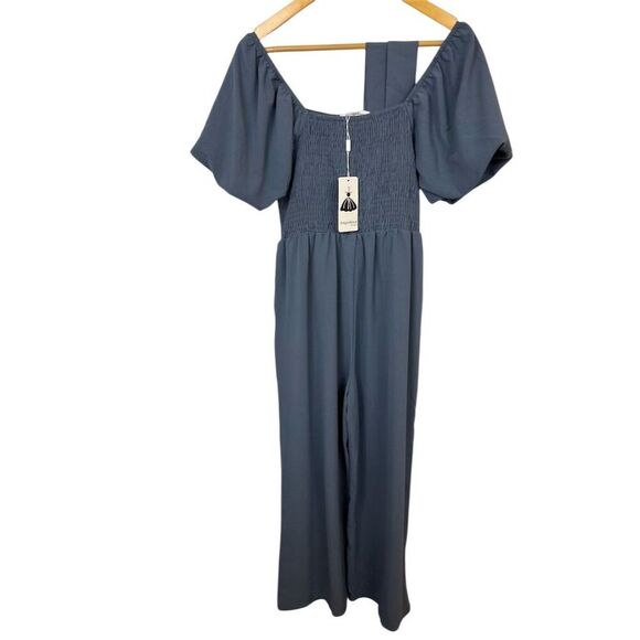 Amazon Women's Blue Off-Shoulder Pleated Jumpsuit Size M Casual Summer - Picture 4 of 5
